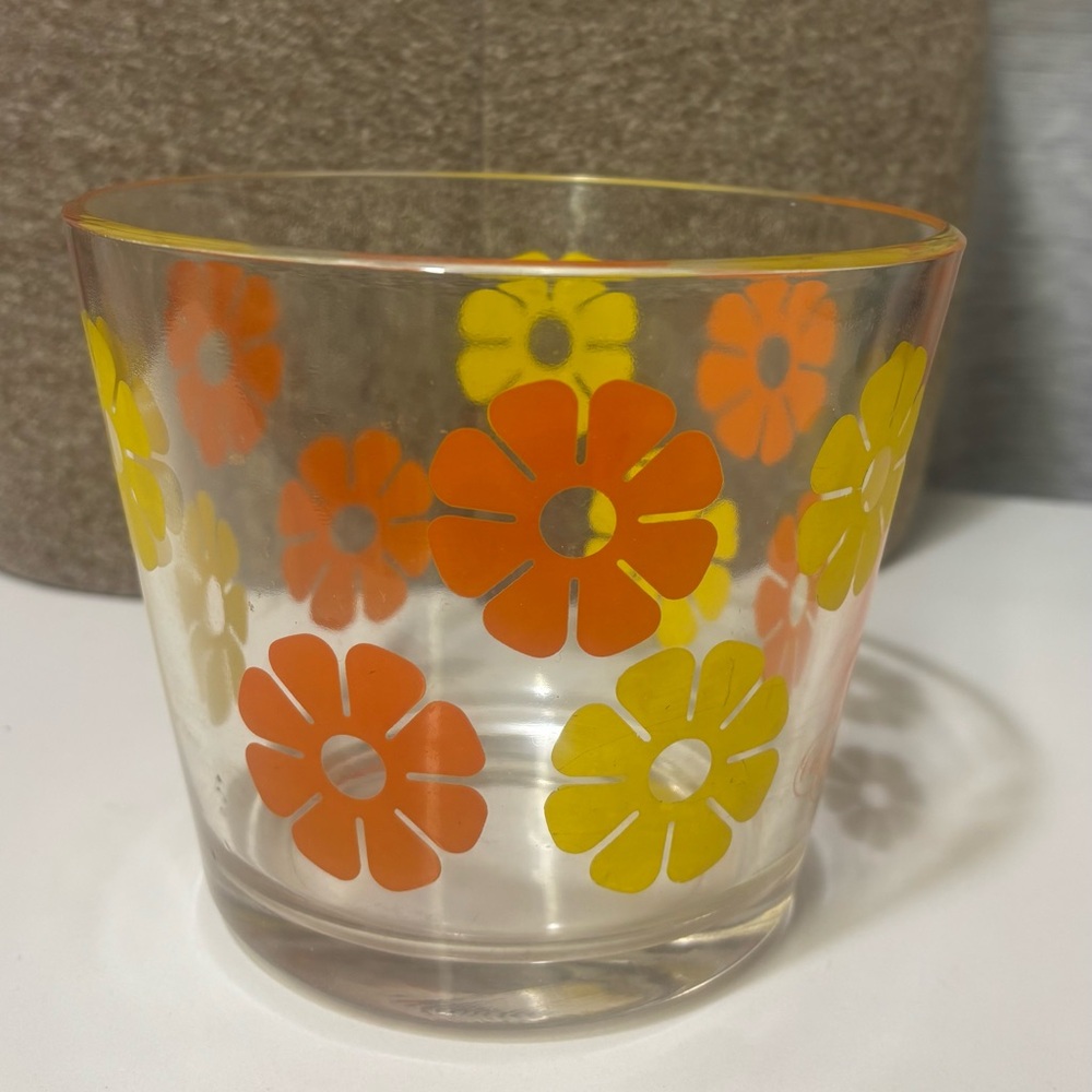 Vintage 1970’s Retro Floral Glass Ice Bucket- Orange and Yellow Flowers